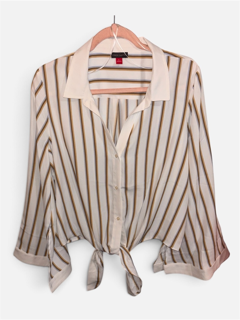 Vince Camuto Ivory Button-Front Tie Hem Stripe Shirt